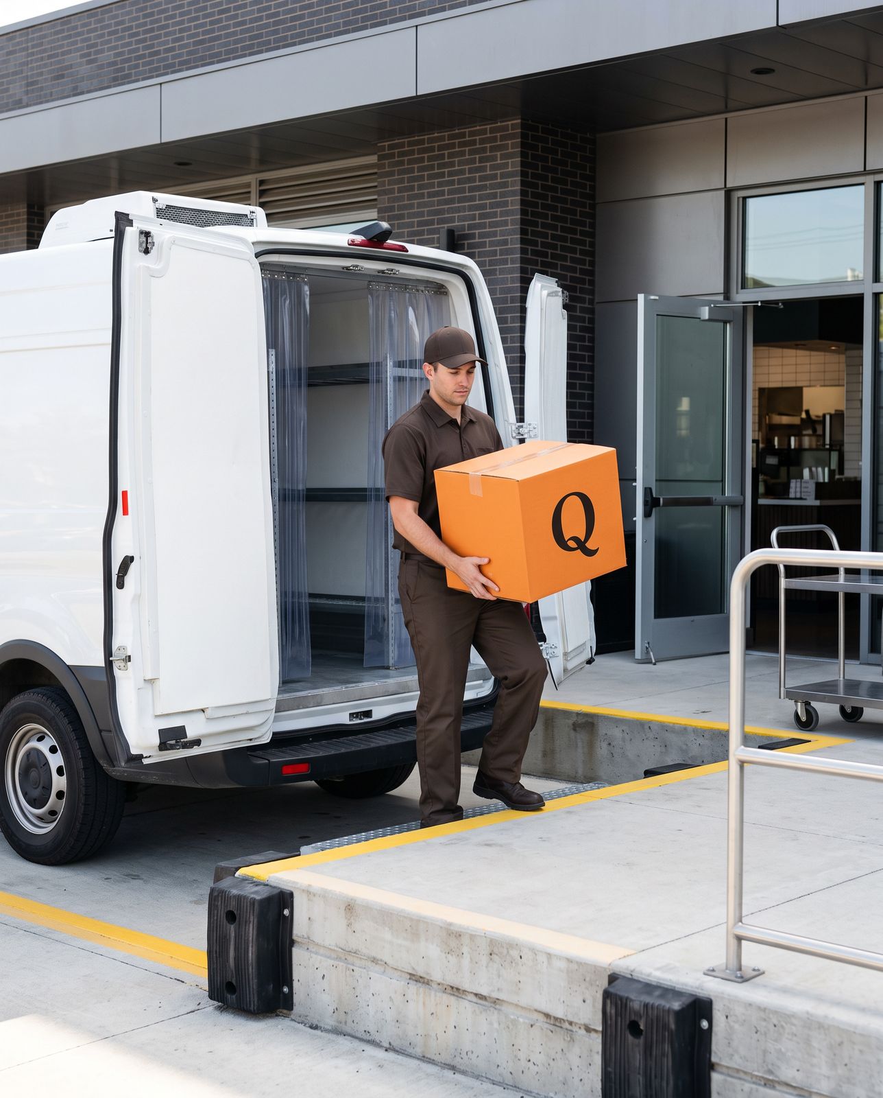 Entregador de uniforme levando a caixa Quarteiro da van refrigerada para a hamburgueria