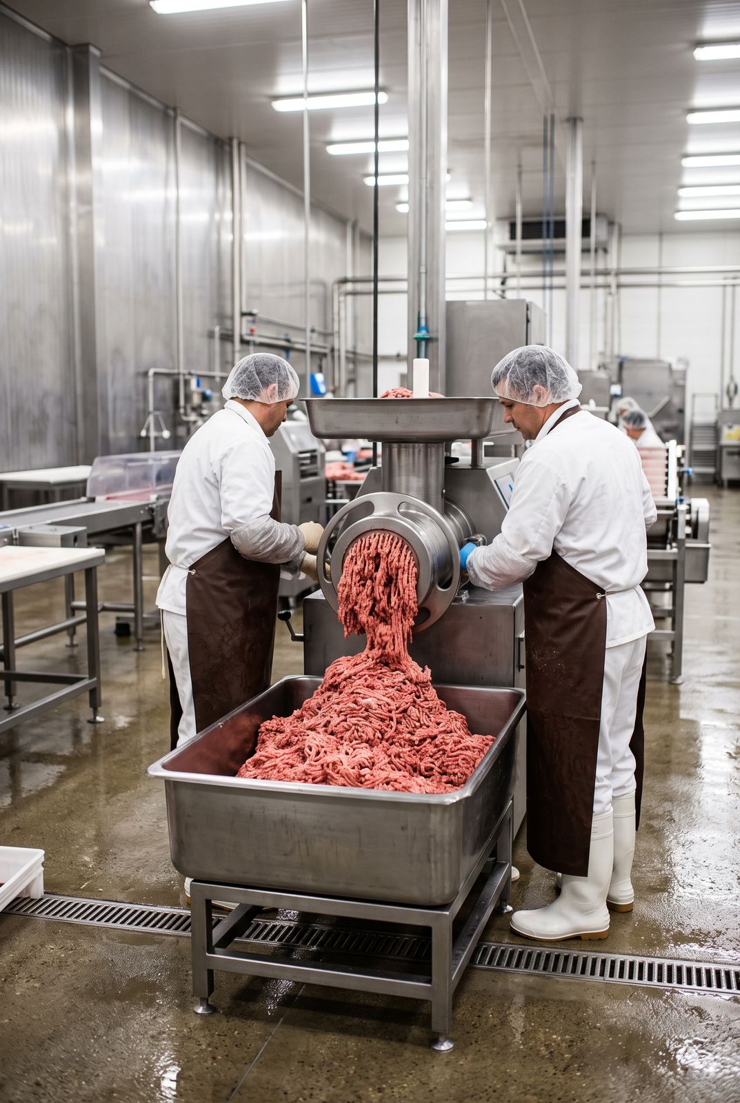 Equipe de uniforme na indústria moendo carne para os blends